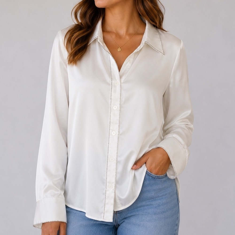 Rachel Zoe Womens S Ivory Satin Button Front Blouse Rhinestone Trim Quiet Luxury